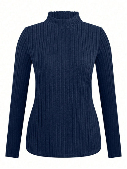 4pcs/Set Plus Size Women Ribbed Texture High Neck Fitted Casual Basic T-Shirt, Autumn/Winter Fall