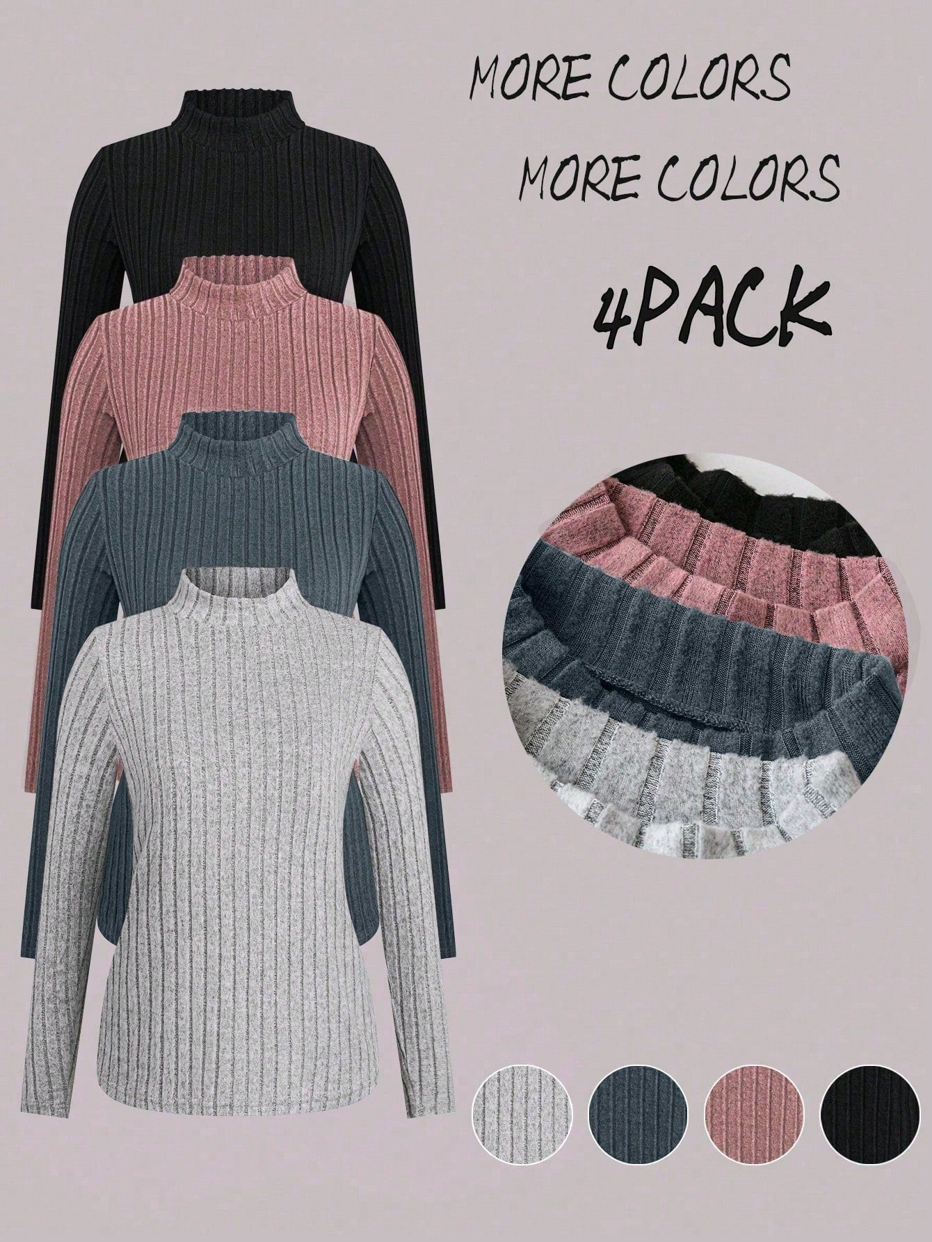 4pcs/Set Plus Size Women Ribbed Texture High Neck Fitted Casual Basic T-Shirt, Autumn/Winter Fall