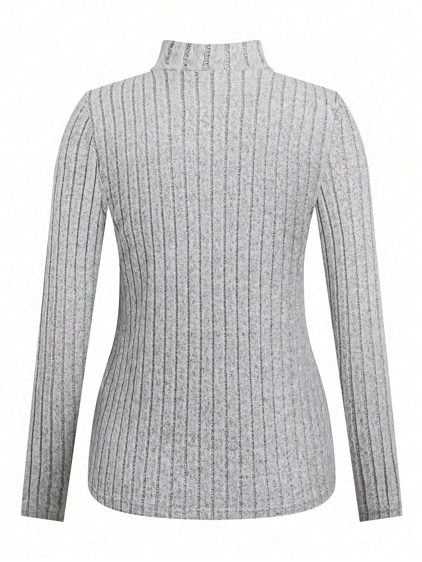 4pcs/Set Plus Size Women Ribbed Texture High Neck Fitted Casual Basic T-Shirt, Autumn/Winter Fall