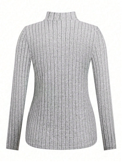 4pcs/Set Plus Size Women Ribbed Texture High Neck Fitted Casual Basic T-Shirt, Autumn/Winter Fall