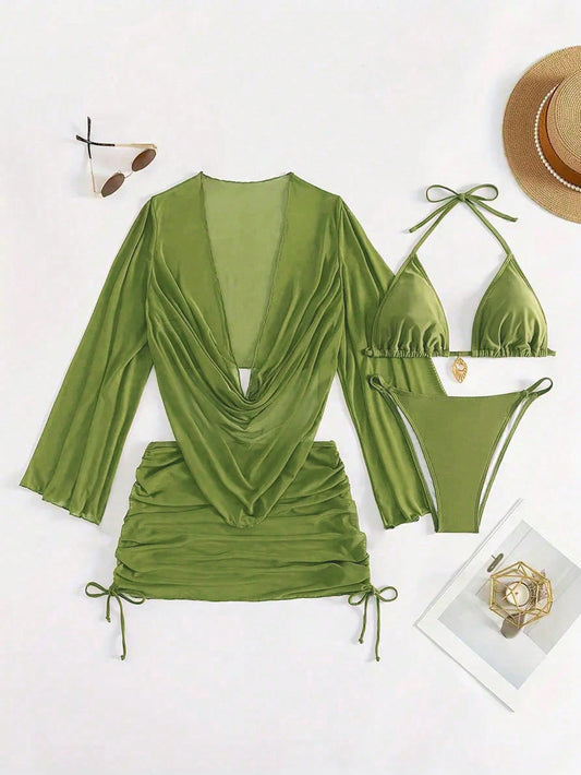 4pcs Sexy Solid Color Bikini Set With Sheer Cover-Up, Suitable For Vacation, Beach Party, Also Ideal For New Year And Valentine's Day, Exuding Elegance And Avant-Garde, Perfect Choice For Casual Women