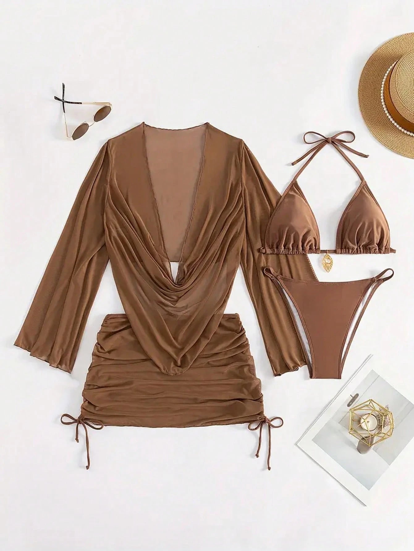4pcs Sexy Solid Color Bikini Set With Sheer Cover-Up, Suitable For Vacation, Beach Party, Also Ideal For New Year And Valentine's Day, Exuding Elegance And Avant-Garde, Perfect Choice For Casual Women