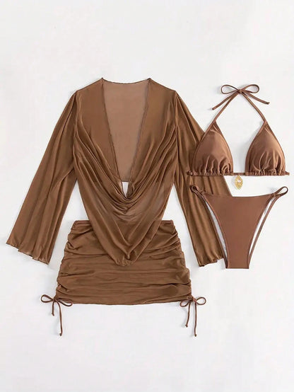 4pcs Sexy Solid Color Bikini Set With Sheer Cover-Up, Suitable For Vacation, Beach Party, Also Ideal For New Year And Valentine's Day, Exuding Elegance And Avant-Garde, Perfect Choice For Casual Women