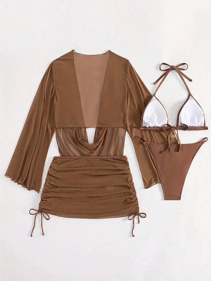 4pcs Sexy Solid Color Bikini Set With Sheer Cover-Up, Suitable For Vacation, Beach Party, Also Ideal For New Year And Valentine's Day, Exuding Elegance And Avant-Garde, Perfect Choice For Casual Women