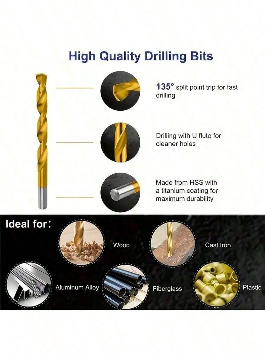 50/100pcs Titanium Coated High Speed Steel Drill Bit Set, 135° Point Suitable For DIY Crafts, Woodworking, Engraving And Jewelry Making- Size 1/25" To 1/8", Metal Cylindrical, Round Shank Twist Drill