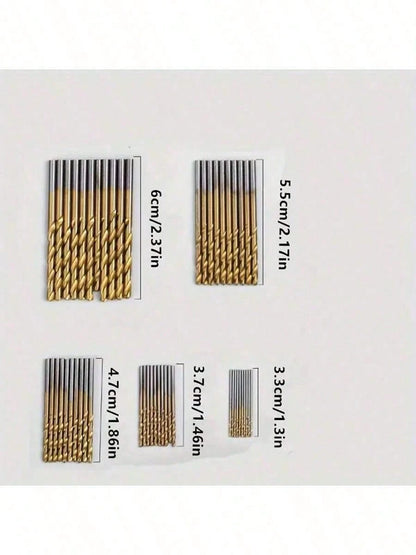 50/100pcs Titanium Coated High Speed Steel Drill Bit Set, 135° Point Suitable For DIY Crafts, Woodworking, Engraving And Jewelry Making- Size 1/25" To 1/8", Metal Cylindrical, Round Shank Twist Drill
