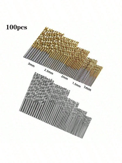 50/100pcs Titanium Coated High Speed Steel Drill Bit Set, 135° Point Suitable For DIY Crafts, Woodworking, Engraving And Jewelry Making- Size 1/25" To 1/8", Metal Cylindrical, Round Shank Twist Drill