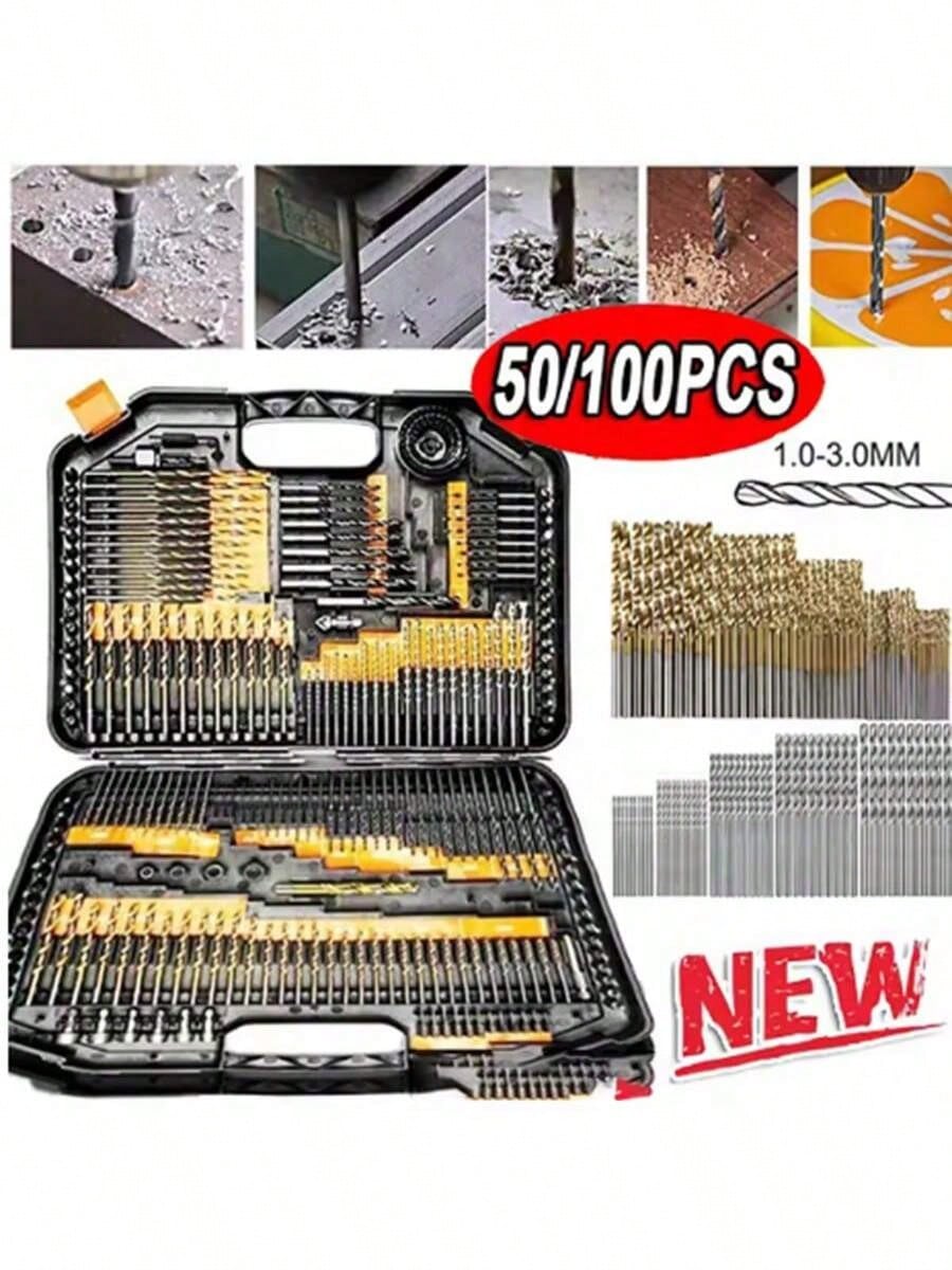 50/100pcs Titanium Coated High Speed Steel Drill Bit Set, 135° Point Suitable For DIY Crafts, Woodworking, Engraving And Jewelry Making- Size 1/25" To 1/8", Metal Cylindrical, Round Shank Twist Drill