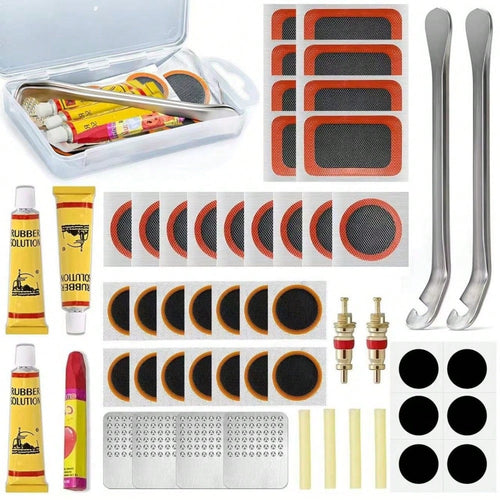 53pcs High Quality Bicycle Tire Repair Tool Kit: Equipped With Various Tools Including Durable Vulcanizing Patches And Metal Grinding Discs, Quickly Fixes Punctures, Suitable For All Bicycles Includin