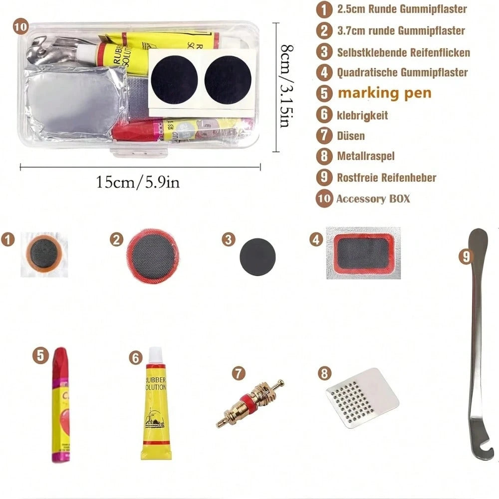 53pcs High Quality Bicycle Tire Repair Tool Kit: Equipped With Various Tools Including Durable Vulcanizing Patches And Metal Grinding Discs, Quickly Fixes Punctures, Suitable For All Bicycles Includin