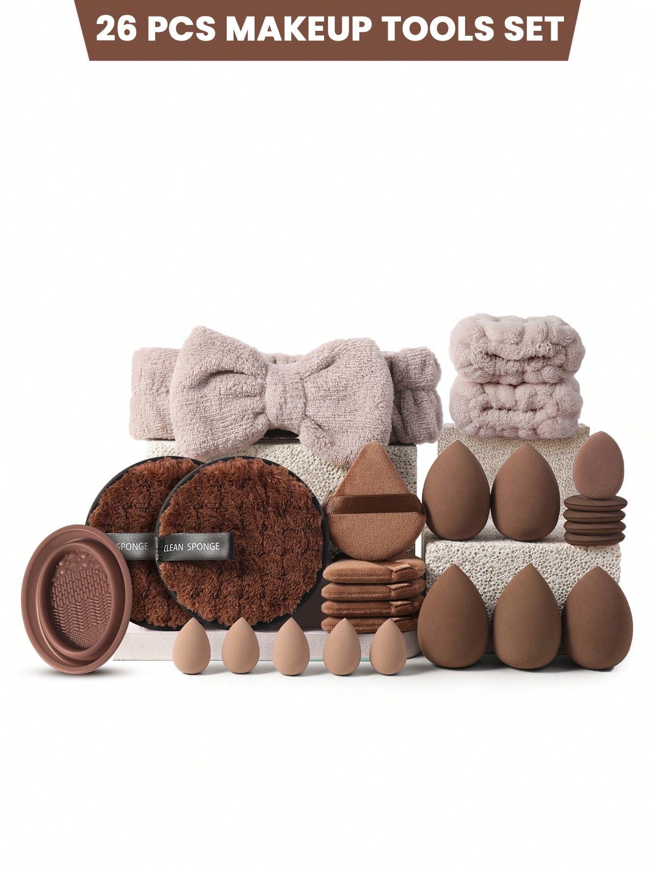 58PCS Makeup Tools Set Including:32PCS Makeup Brush Sets+5PCS Makeup Sponges+5PCS Mini Makeup Sponges+5PCS Triangle Powder Puffs++5PCS Mini Air Cushion Powder Puff+2PCS Facial Cleansing Sponges+1PCS H