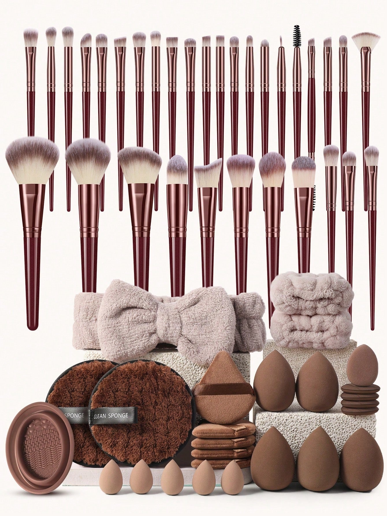 58PCS Makeup Tools Set Including:32PCS Makeup Brush Sets+5PCS Makeup Sponges+5PCS Mini Makeup Sponges+5PCS Triangle Powder Puffs++5PCS Mini Air Cushion Powder Puff+2PCS Facial Cleansing Sponges+1PCS H