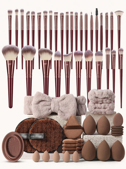 58PCS Makeup Tools Set Including:32PCS Makeup Brush Sets+5PCS Makeup Sponges+5PCS Mini Makeup Sponges+5PCS Triangle Powder Puffs++5PCS Mini Air Cushion Powder Puff+2PCS Facial Cleansing Sponges+1PCS H