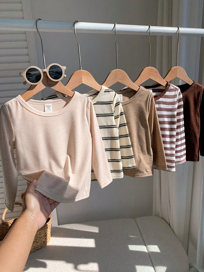 5pcs Baby Boy Soft Knit Crew Neck Short Sleeve Oversized Pullover Top-Versatile And Comfortable Back To School Clothes Fall/Winter Clothes