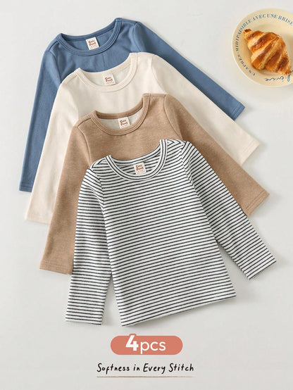 5pcs Baby Boy Soft Knit Crew Neck Short Sleeve Oversized Pullover Top-Versatile And Comfortable Back To School Clothes Fall/Winter Clothes