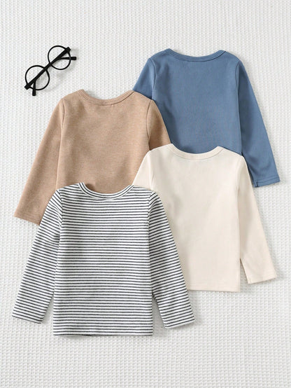 5pcs Baby Boy Soft Knit Crew Neck Short Sleeve Oversized Pullover Top-Versatile And Comfortable Back To School Clothes Fall/Winter Clothes