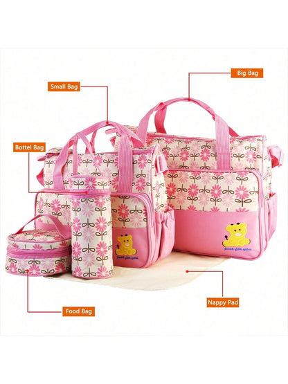 5PCS Baby Nappy Diaper Bags Set Mummy Diaper Shoulder Bags With Nappy Changing Pad Insulated Pockets Travel Tote Bags For Mom Dad