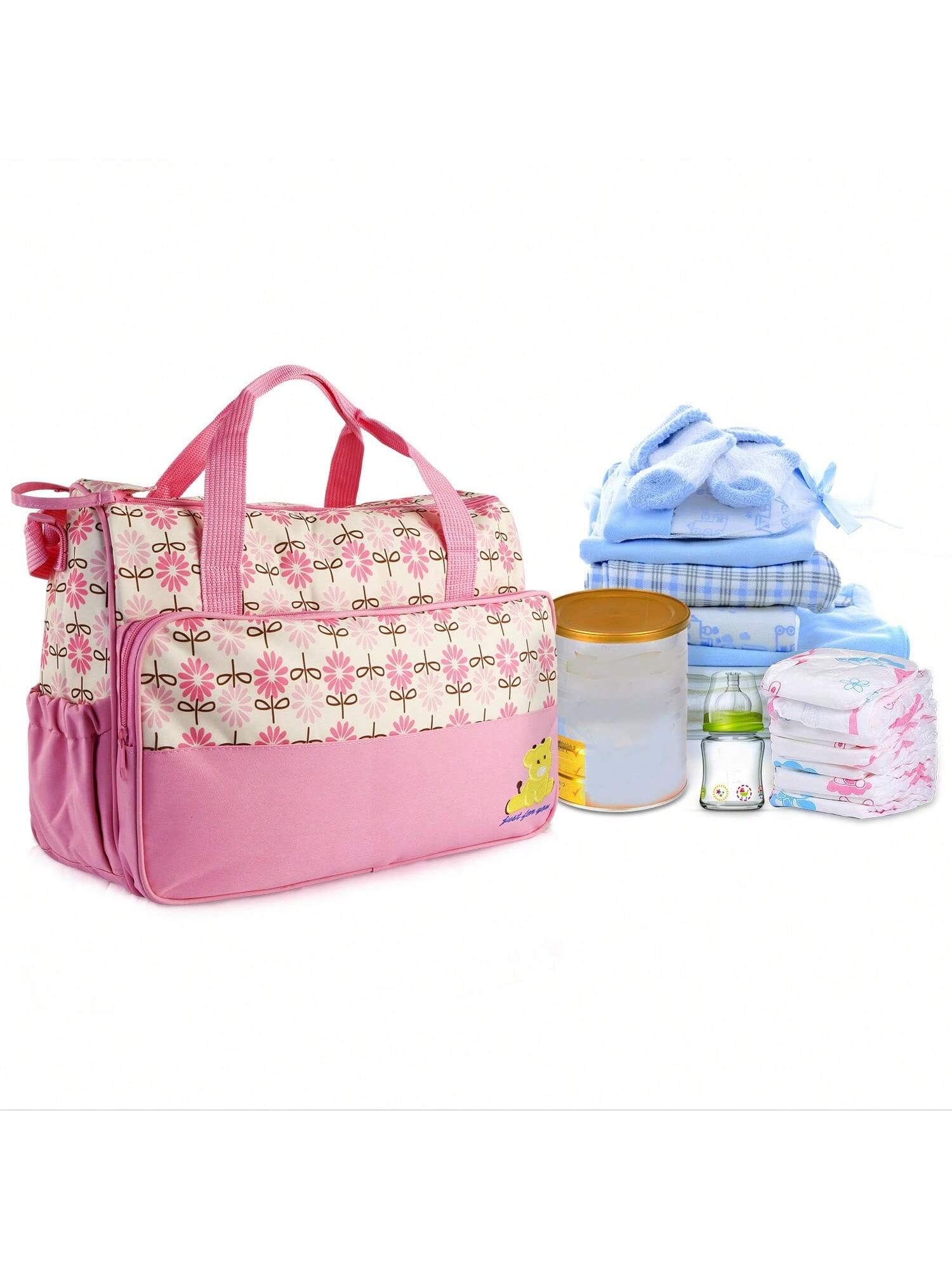 5PCS Baby Nappy Diaper Bags Set Mummy Diaper Shoulder Bags With Nappy Changing Pad Insulated Pockets Travel Tote Bags For Mom Dad