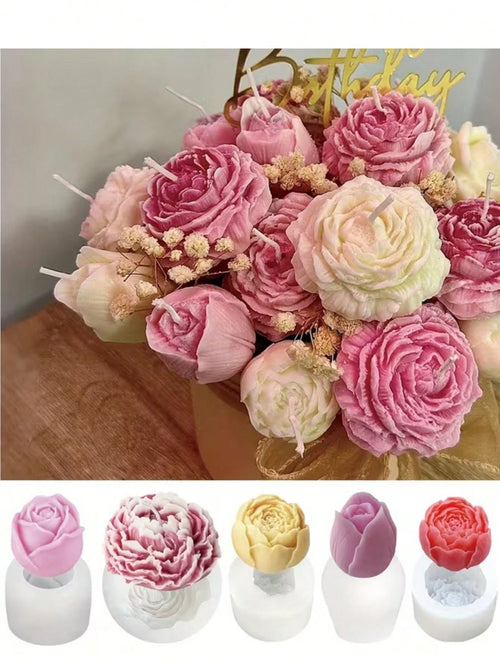 5pcs Bouquet Silicone Mold- Realistic Rose & Peony Flower Candle Mold, Suitable For Resin, Soap And Clay Crafts- DIY Wedding And Holiday Gift Making Materials- Reusable Non-Stick Home Decor Mold