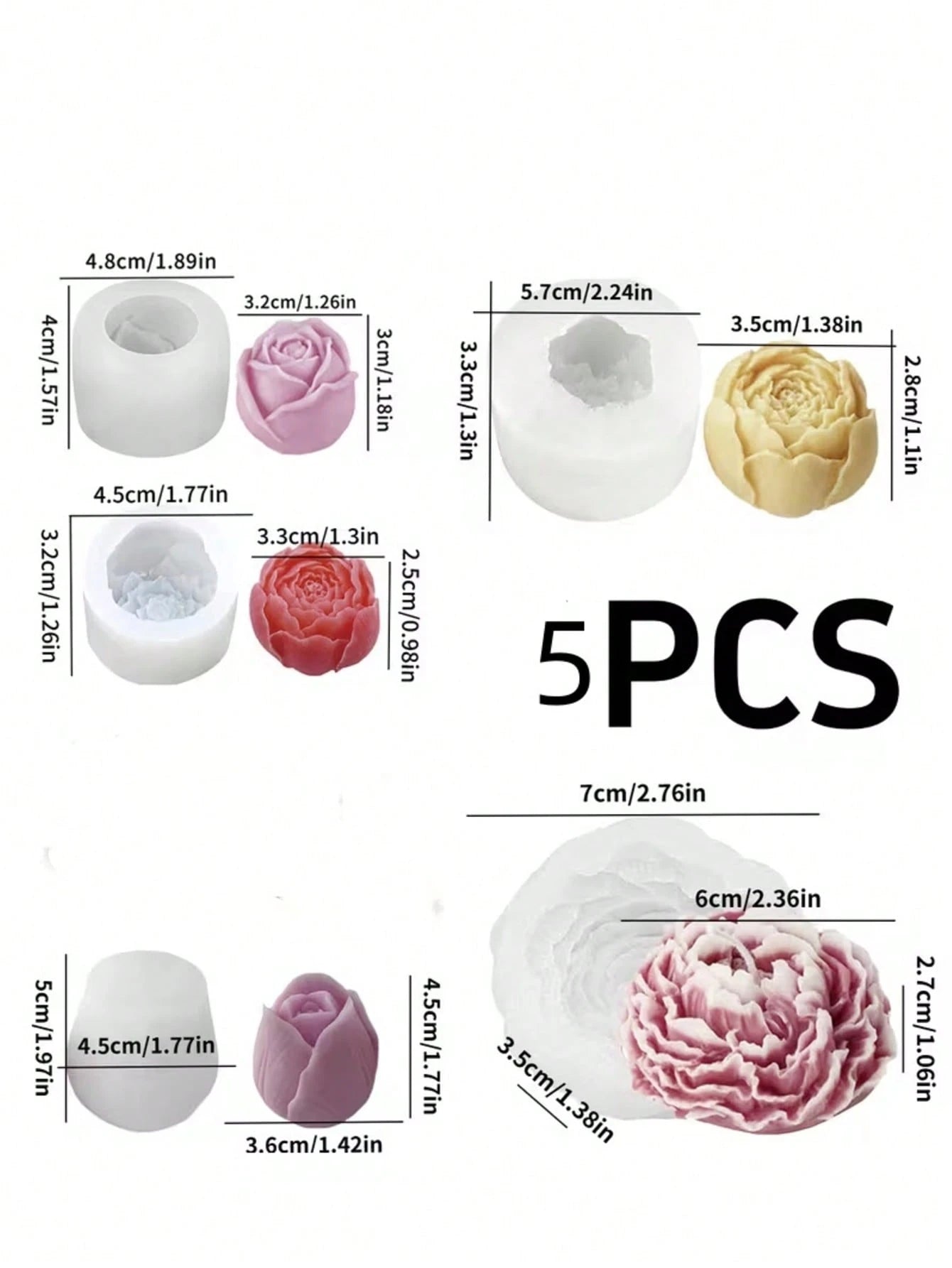 5pcs Bouquet Silicone Mold- Realistic Rose & Peony Flower Candle Mold, Suitable For Resin, Soap And Clay Crafts- DIY Wedding And Holiday Gift Making Materials- Reusable Non-Stick Home Decor Mold