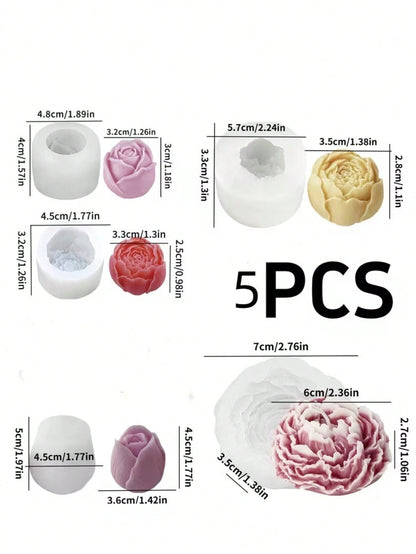 5pcs Bouquet Silicone Mold- Realistic Rose & Peony Flower Candle Mold, Suitable For Resin, Soap And Clay Crafts- DIY Wedding And Holiday Gift Making Materials- Reusable Non-Stick Home Decor Mold