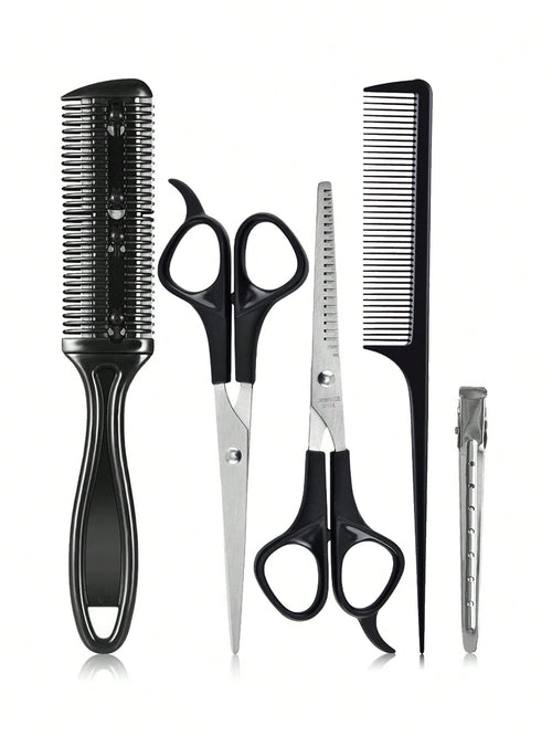 5pcs Professional Hair Styling Tool Set- Includes Hair Cutting Scissors, Comb, And Thinning Shears For Perfect Haircuts And Thinning, Slick Back Brush, Hair Dryer, Hair, Barber, Hair Tools, Hair Prod
