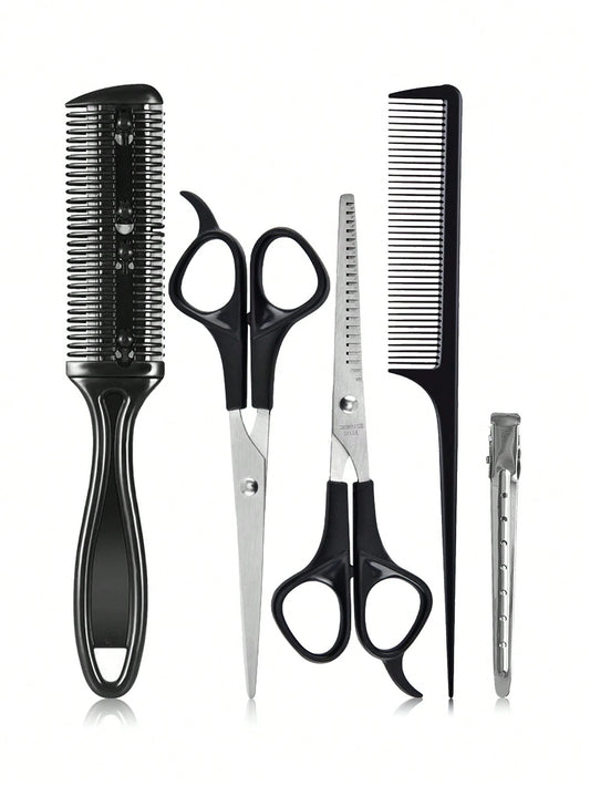 5pcs Professional Hair Styling Tool Set- Includes Hair Cutting Scissors, Comb, And Thinning Shears For Perfect Haircuts And Thinning, Slick Back Brush, Hair Dryer, Hair, Barber, Hair Tools, Hair Prod