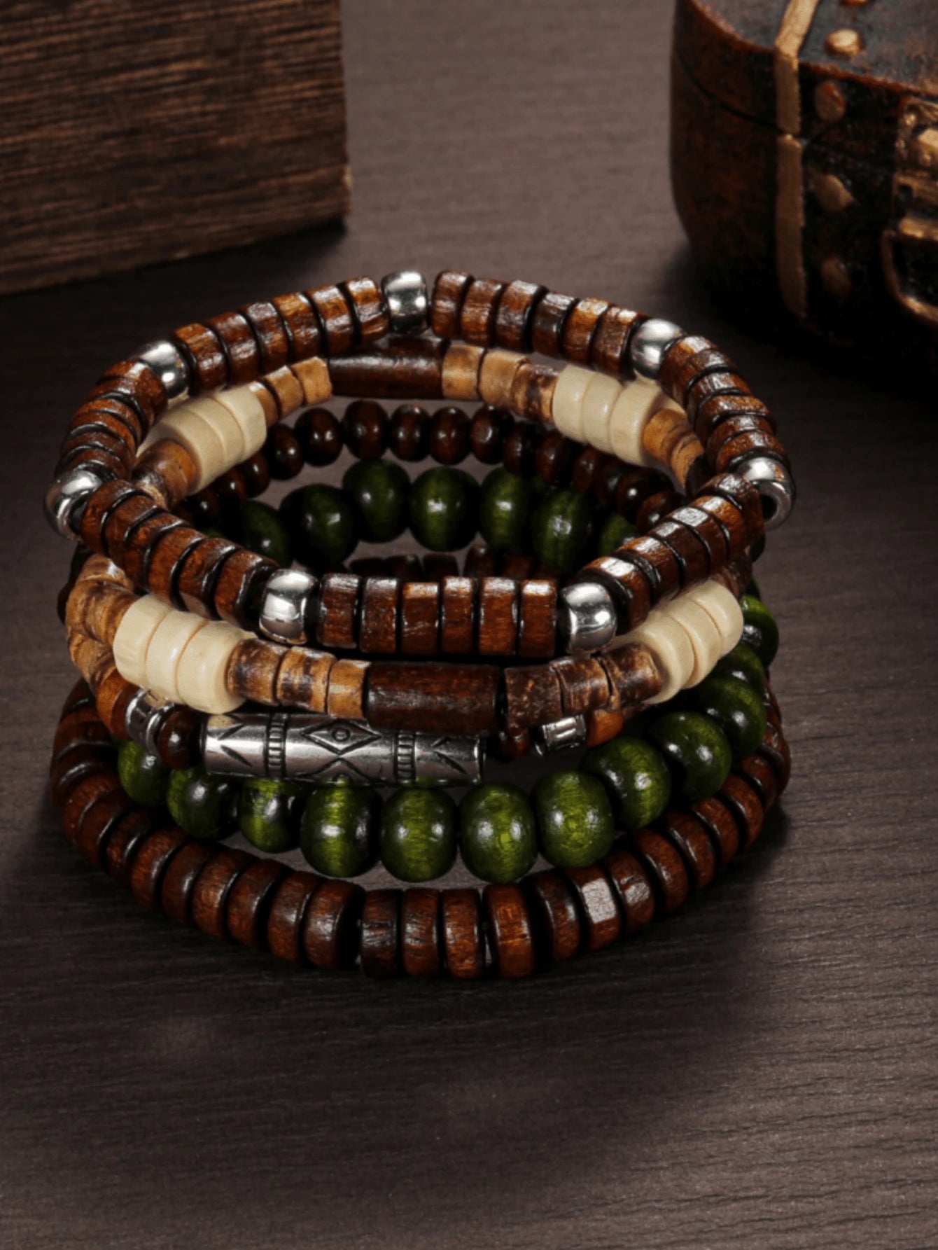 5pcs/Set Unisex Wooden Beaded Bracelets, Fashionable Jewelry Gift Set