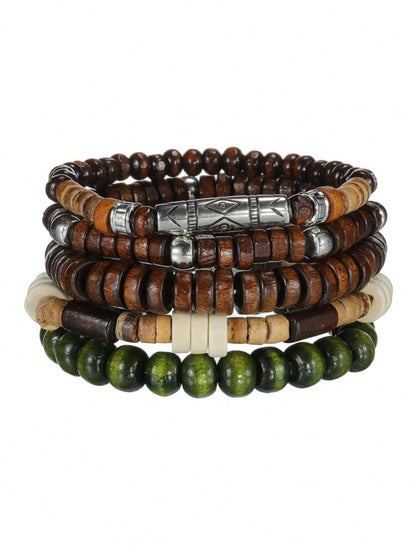 5pcs/Set Unisex Wooden Beaded Bracelets, Fashionable Jewelry Gift Set