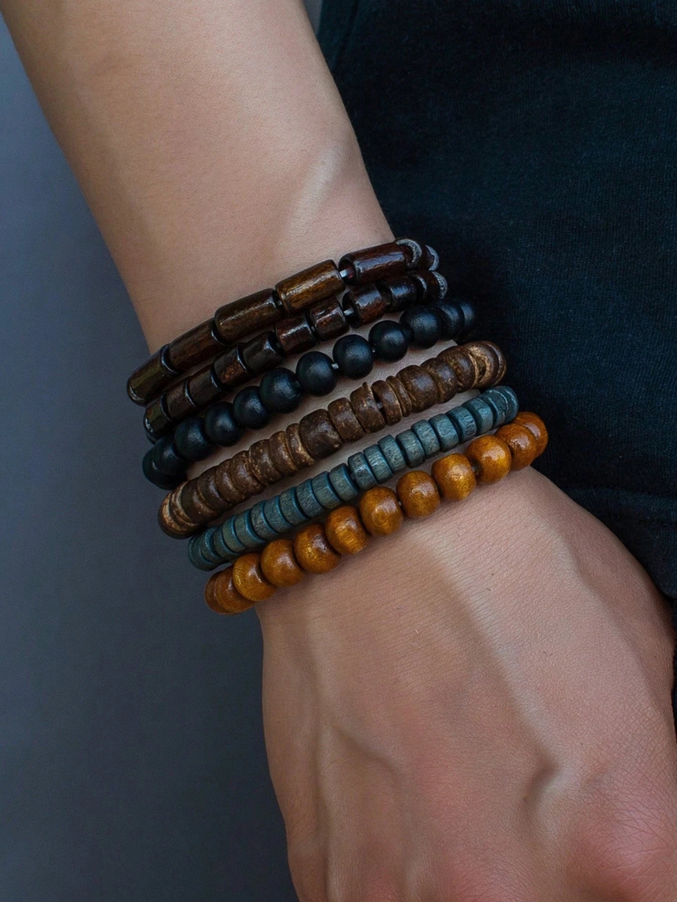 5pcs/Set Unisex Wooden Beaded Bracelets, Fashionable Jewelry Gift Set