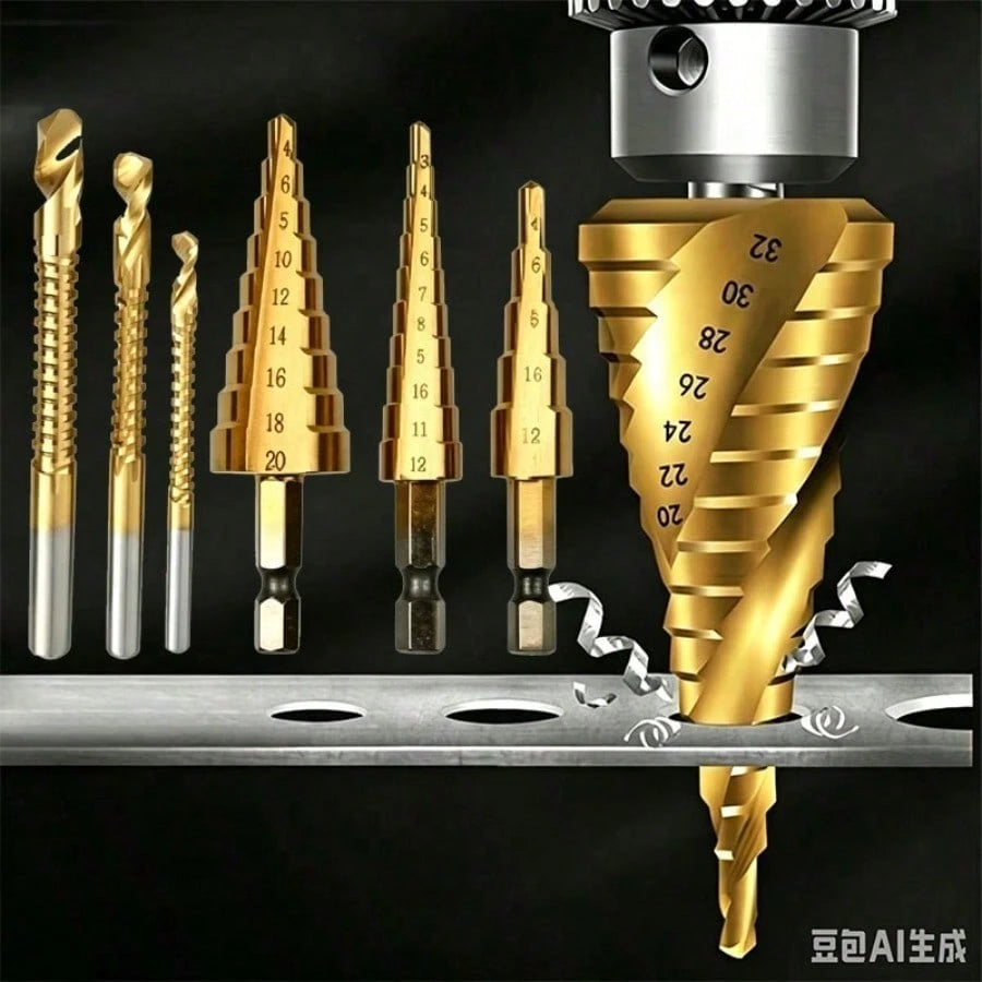 6/3/1pc Titanium Coated High Speed Steel Step Drill Bit Set, Pyramid Shape Drill Bit, Suitable For Wood And High-Efficiency Metal, Smooth Chamfer, No Burrs, Rust-Proof, Easy To Install, Higher Efficie