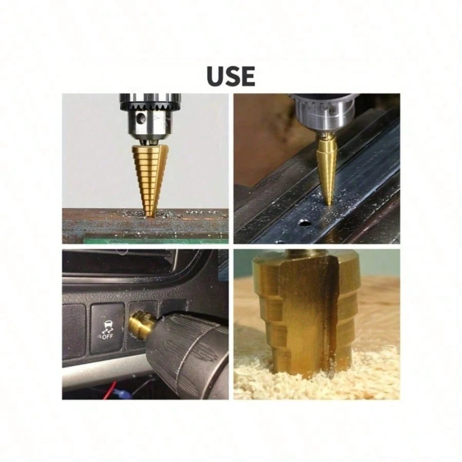 6/3/1pc Titanium Coated High Speed Steel Step Drill Bit Set, Pyramid Shape Drill Bit, Suitable For Wood And High-Efficiency Metal, Smooth Chamfer, No Burrs, Rust-Proof, Easy To Install, Higher Efficie