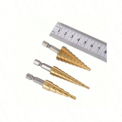 6/3/1pc Titanium Coated High Speed Steel Step Drill Bit Set, Pyramid Shape Drill Bit, Suitable For Wood And High-Efficiency Metal, Smooth Chamfer, No Burrs, Rust-Proof, Easy To Install, Higher Efficie