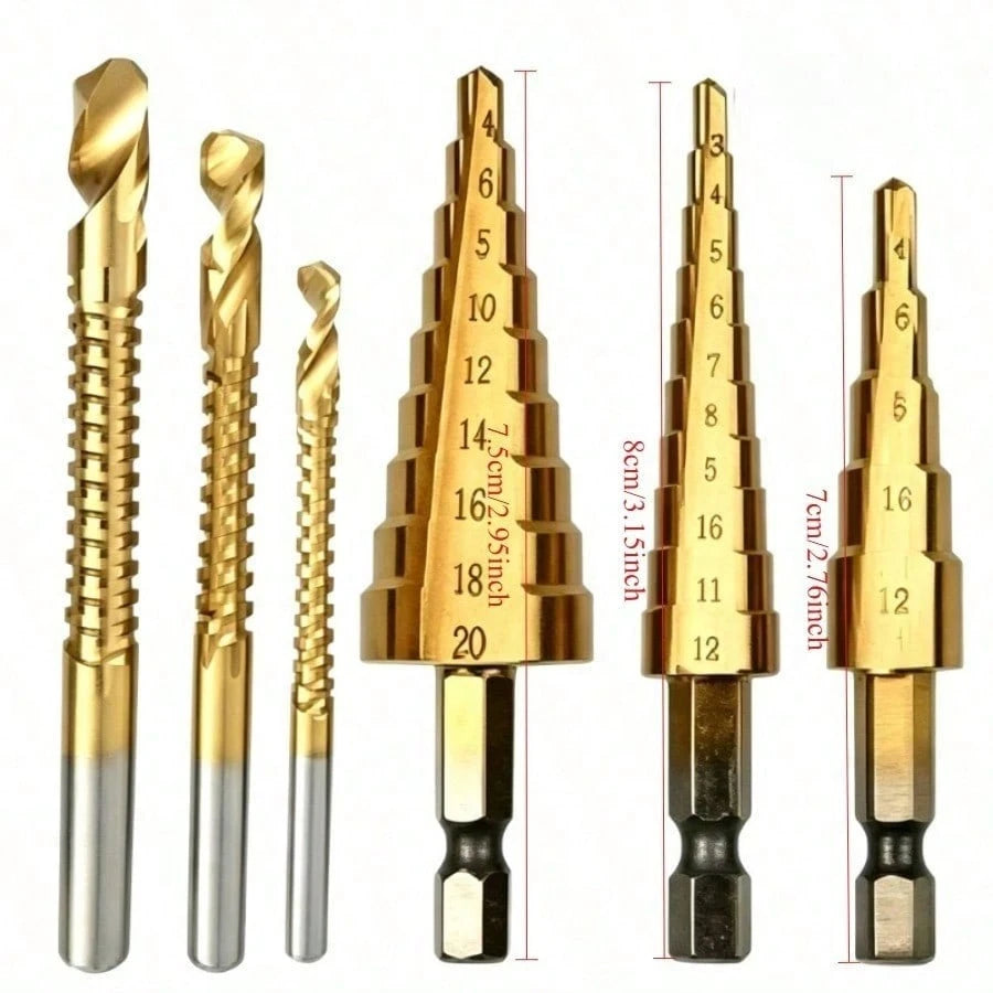 6/3/1pc Titanium Coated High Speed Steel Step Drill Bit Set, Pyramid Shape Drill Bit, Suitable For Wood And High-Efficiency Metal, Smooth Chamfer, No Burrs, Rust-Proof, Easy To Install, Higher Efficie