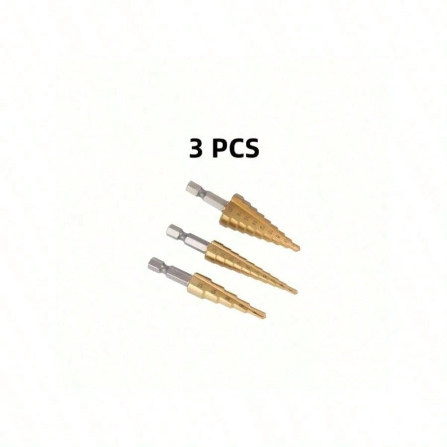 6/3/1pc Titanium Coated High Speed Steel Step Drill Bit Set, Pyramid Shape Drill Bit, Suitable For Wood And High-Efficiency Metal, Smooth Chamfer, No Burrs, Rust-Proof, Easy To Install, Higher Efficie