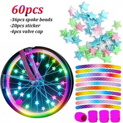 60pcs Glow-In-The-Dark Bicycle Spoke Beads And Valve Stem Caps Set, Includes Reflective Rim Stickers, Suitable For Bicycle Motorcycle Night Riding Wheel Decoration