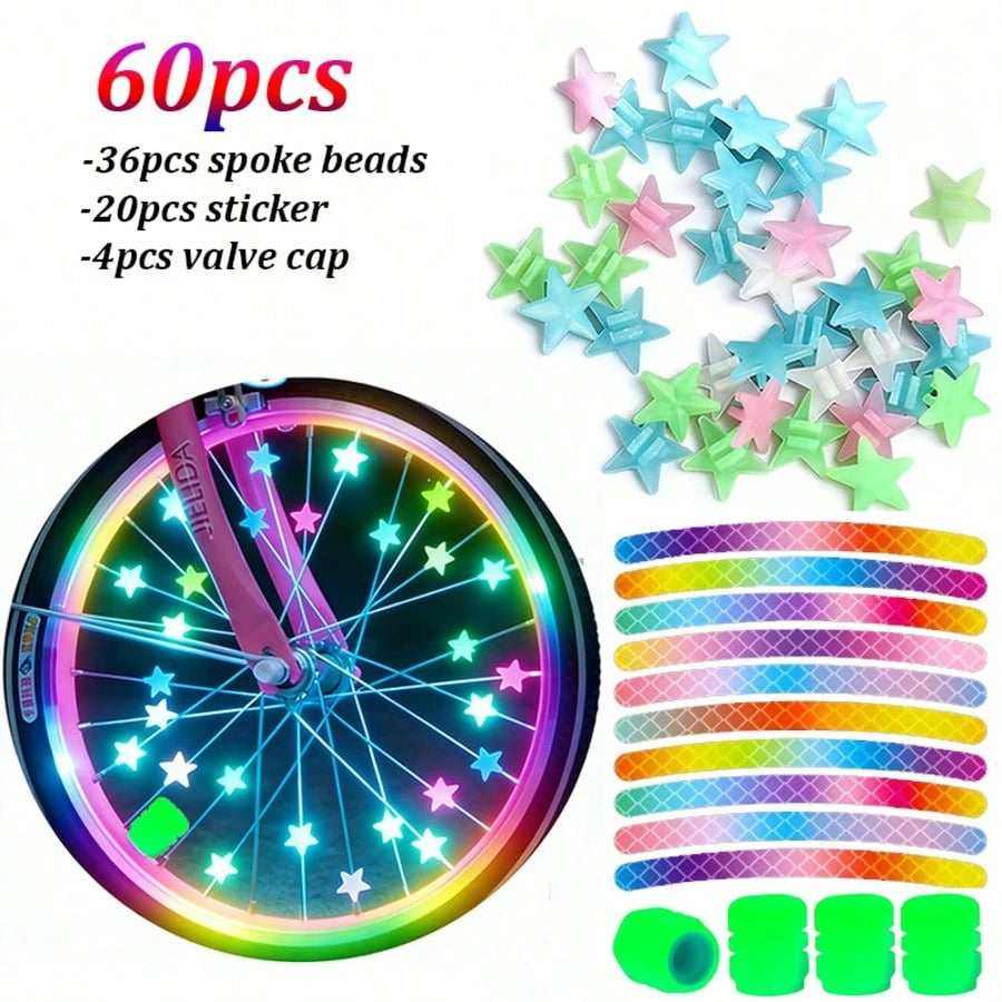 60pcs Glow-In-The-Dark Bicycle Spoke Beads And Valve Stem Caps Set, Includes Reflective Rim Stickers, Suitable For Bicycle Motorcycle Night Riding Wheel Decoration