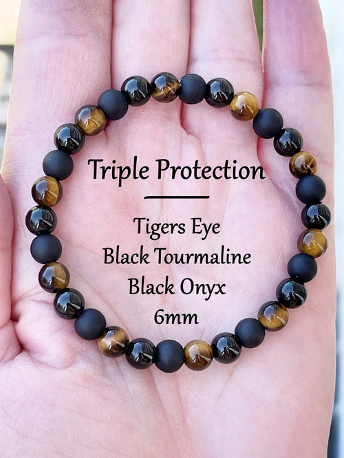 6mm Triple Protection Bracelet, Tiger Eye, Black Onyx & Black Tourmaline Beads, Abundance,Prosperity Powerful Protective Meditation Jewelry For Men