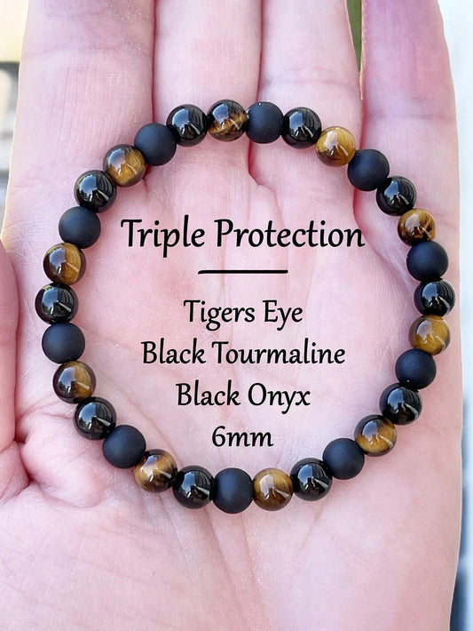 6mm Triple Protection Bracelet, Tiger Eye, Black Onyx & Black Tourmaline Beads, Abundance,Prosperity Powerful Protective Meditation Jewelry For Men