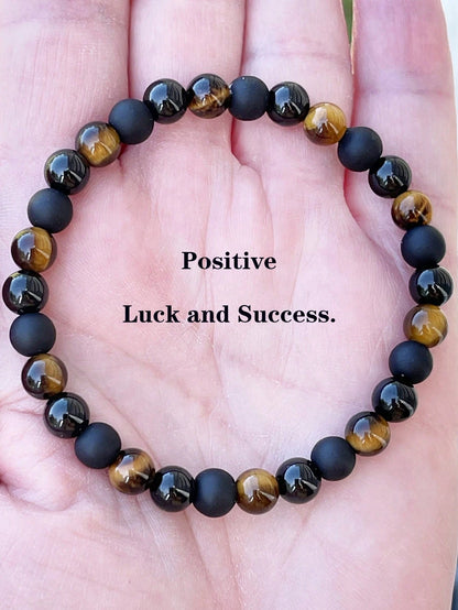 6mm Triple Protection Bracelet, Tiger Eye, Black Onyx & Black Tourmaline Beads, Abundance,Prosperity Powerful Protective Meditation Jewelry For Men