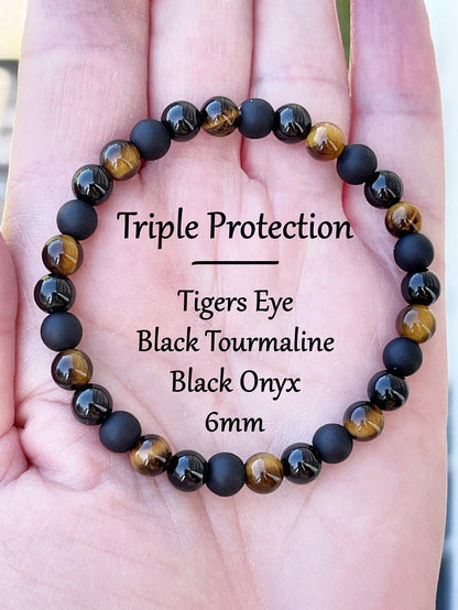 6mm Triple Protection Bracelet, Tiger Eye, Black Onyx & Black Tourmaline Beads, Abundance,Prosperity Powerful Protective Meditation Jewelry For Men