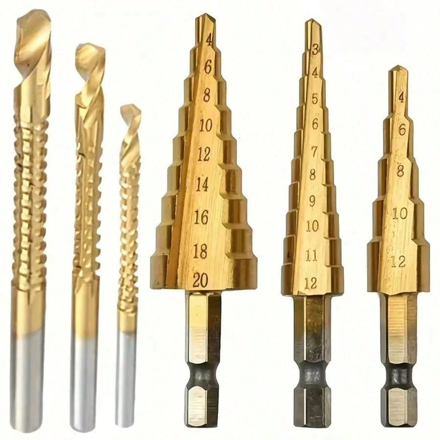 6pcs Multi-Function Step Drill Bit Set, Titanium Coated Cast Iron 4-20/12mm 3-12mm 3 6 8mm Multi-Size, One-Step Expansion Drilling, Suitable For Metal Plate, Wood, Plastic Drilling, Woodworking Instal