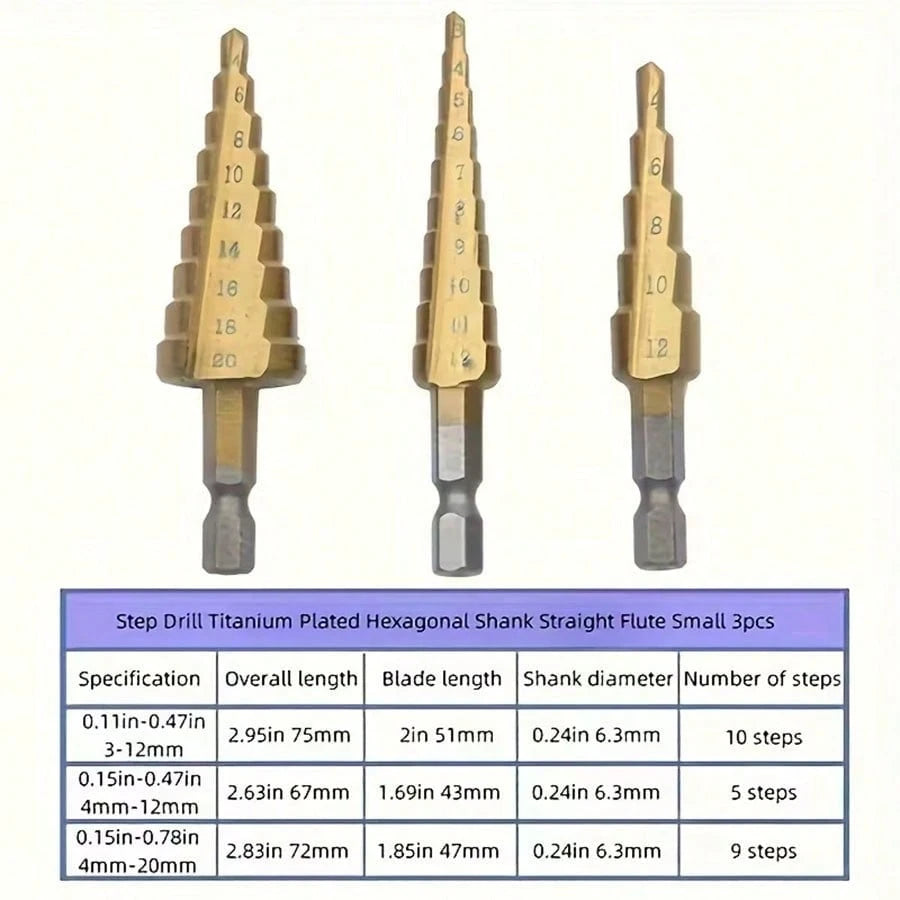6pcs Multi-Function Step Drill Bit Set, Titanium Coated Cast Iron 4-20/12mm 3-12mm 3 6 8mm Multi-Size, One-Step Expansion Drilling, Suitable For Metal Plate, Wood, Plastic Drilling, Woodworking Instal