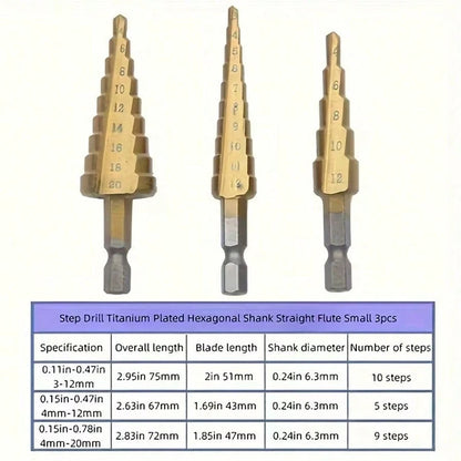 6pcs Multi-Function Step Drill Bit Set, Titanium Coated Cast Iron 4-20/12mm 3-12mm 3 6 8mm Multi-Size, One-Step Expansion Drilling, Suitable For Metal Plate, Wood, Plastic Drilling, Woodworking Instal