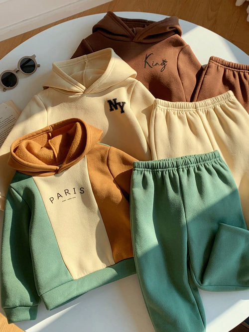 6pcs/Set Baby Boy Cute Colorblock Hooded Sweatshirt & Jogger Pants Tracksuit,Sage Green,Autumn,Casual,Page Boy,Back-To-School Winter Clothes Multipack