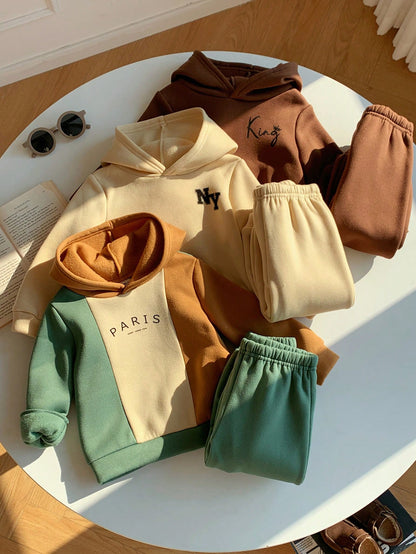 6pcs/Set Baby Boy Cute Colorblock Hooded Sweatshirt & Jogger Pants Tracksuit,Sage Green,Autumn,Casual,Page Boy,Back-To-School Winter Clothes Multipack
