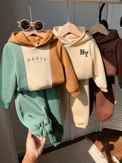 6pcs/Set Baby Boy Cute Colorblock Hooded Sweatshirt & Jogger Pants Tracksuit,Sage Green,Autumn,Casual,Page Boy,Back-To-School Winter Clothes Multipack