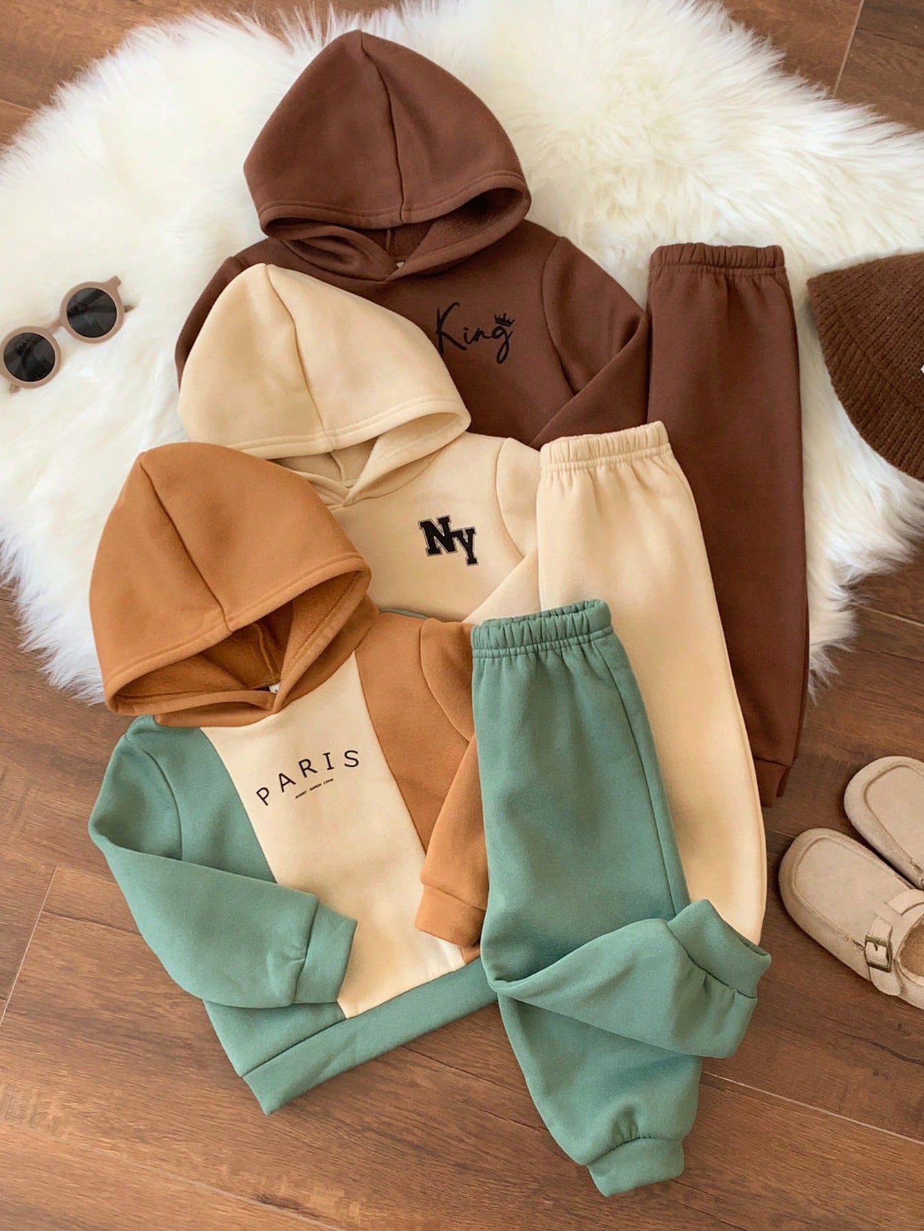 6pcs/Set Baby Boy Cute Colorblock Hooded Sweatshirt & Jogger Pants Tracksuit,Sage Green,Autumn,Casual,Page Boy,Back-To-School Winter Clothes Multipack