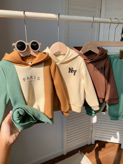 6pcs/Set Baby Boy Cute Colorblock Hooded Sweatshirt & Jogger Pants Tracksuit,Sage Green,Autumn,Casual,Page Boy,Back-To-School Winter Clothes Multipack