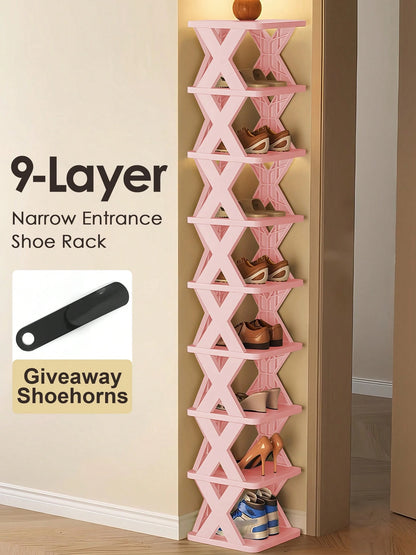 9/6 Tier Narrow Shoe Rack Pink, Vertical Shoe Stand, New Upgraded Small Shoe Shelf, Space Saving DIY Free Standing Shoes Storage Organizer, Easy To Install & Stable, Closet Oragnization And Storage, H